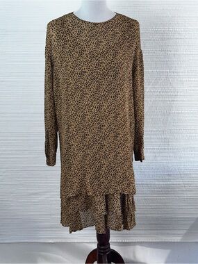 Dana Buchman Brown Leopard Print 2 Piece Set Sleeveless Slip Minimal  100% Silk